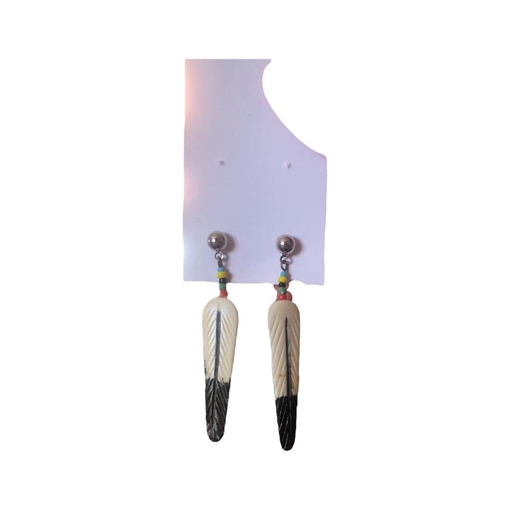 Navajo Beaded Feather Earrings Dangly Pierced Earrings